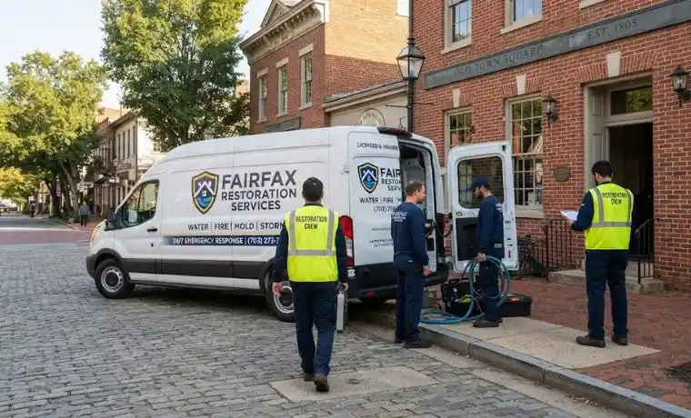 Fairfax Restoration Crew response vehicles staged in Old Town Fairfax VA
