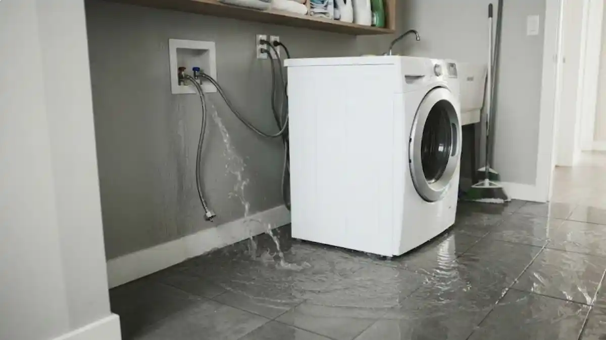 Washing machine supply line disconnected with water spreading in Fairfax condo utility area