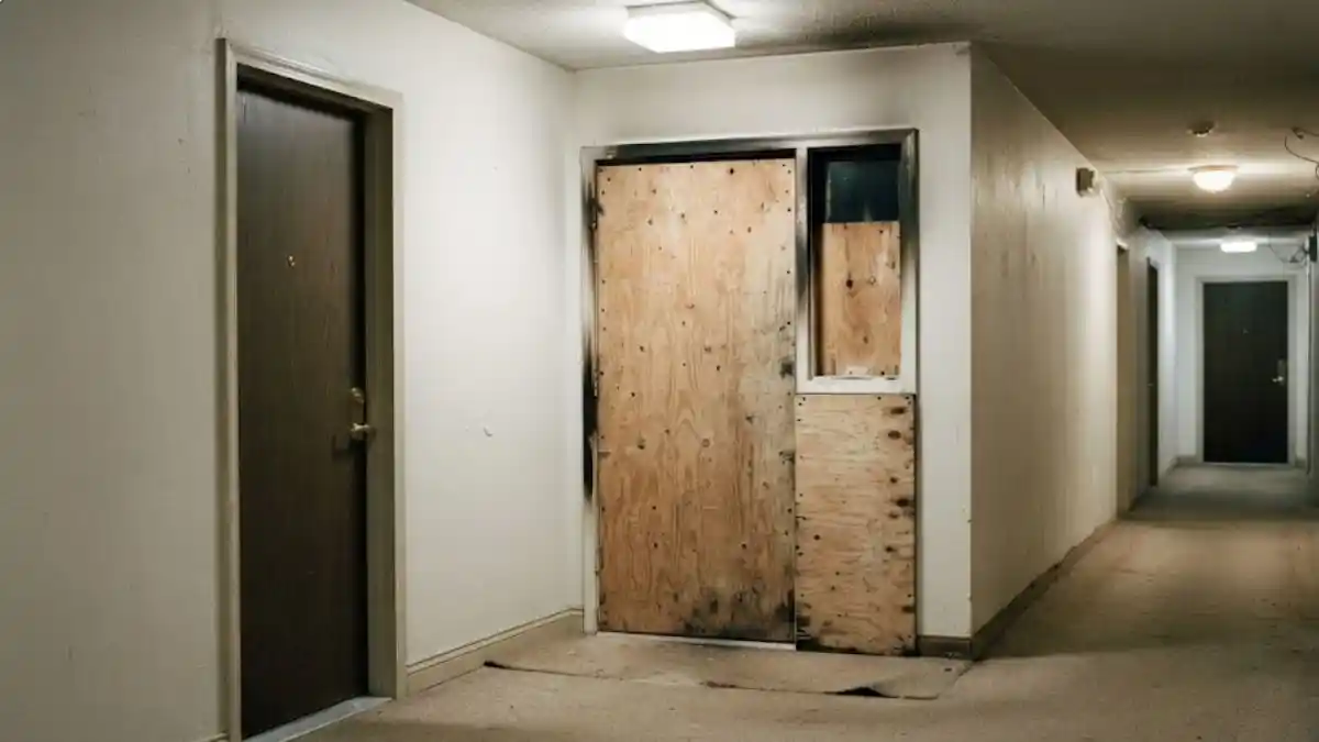 Fire damage and emergency board-up on adjacent commercial unit in Fairfax County building