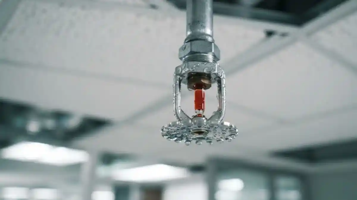 Commercial office sprinkler head close-up with water droplets after accidental discharge Tysons