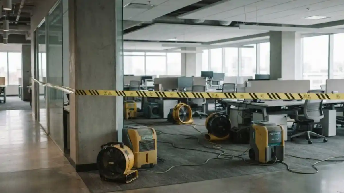 Commercial office space with drying equipment and caution tape minimizing business downtime Northern Virginia