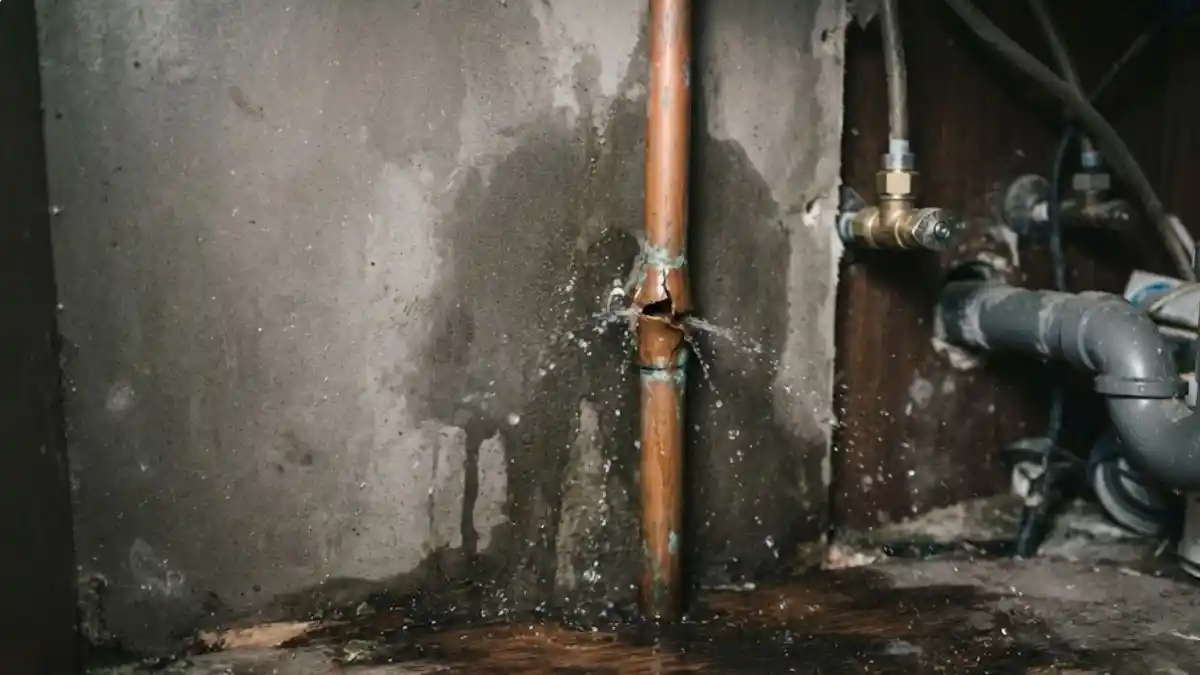 Burst copper pipe in utility room of Fairfax condo with water damage visible