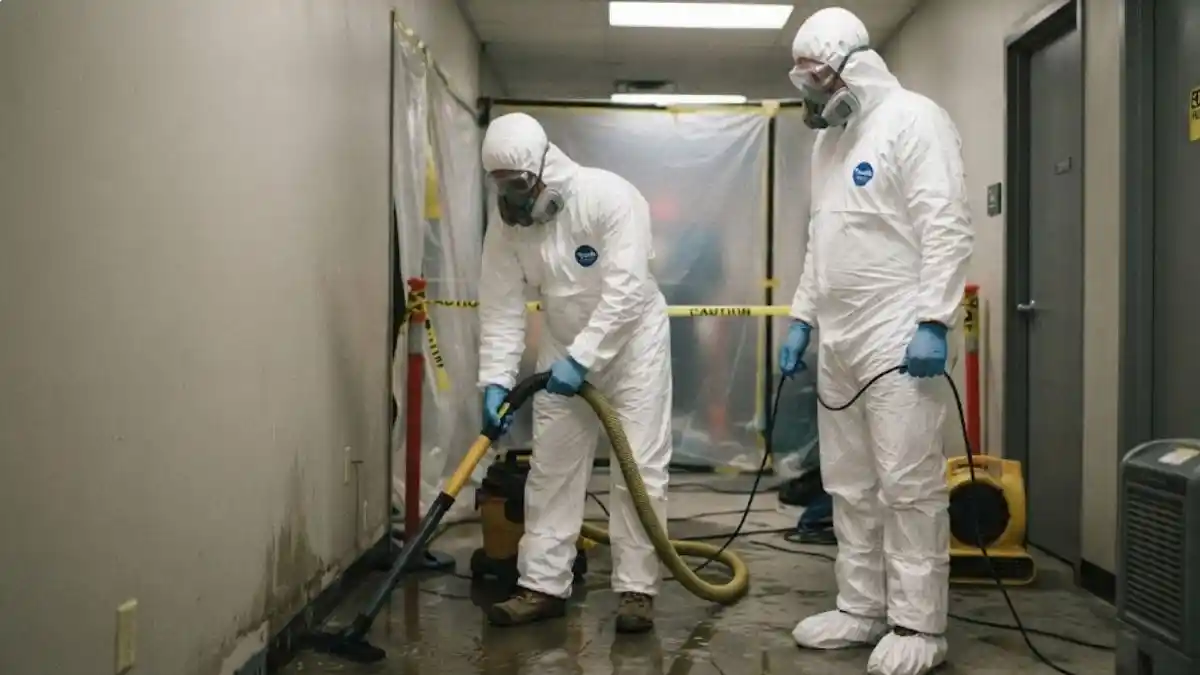 Restoration crew in PPE handling sewage backup in Fairfax multi-unit building hallway