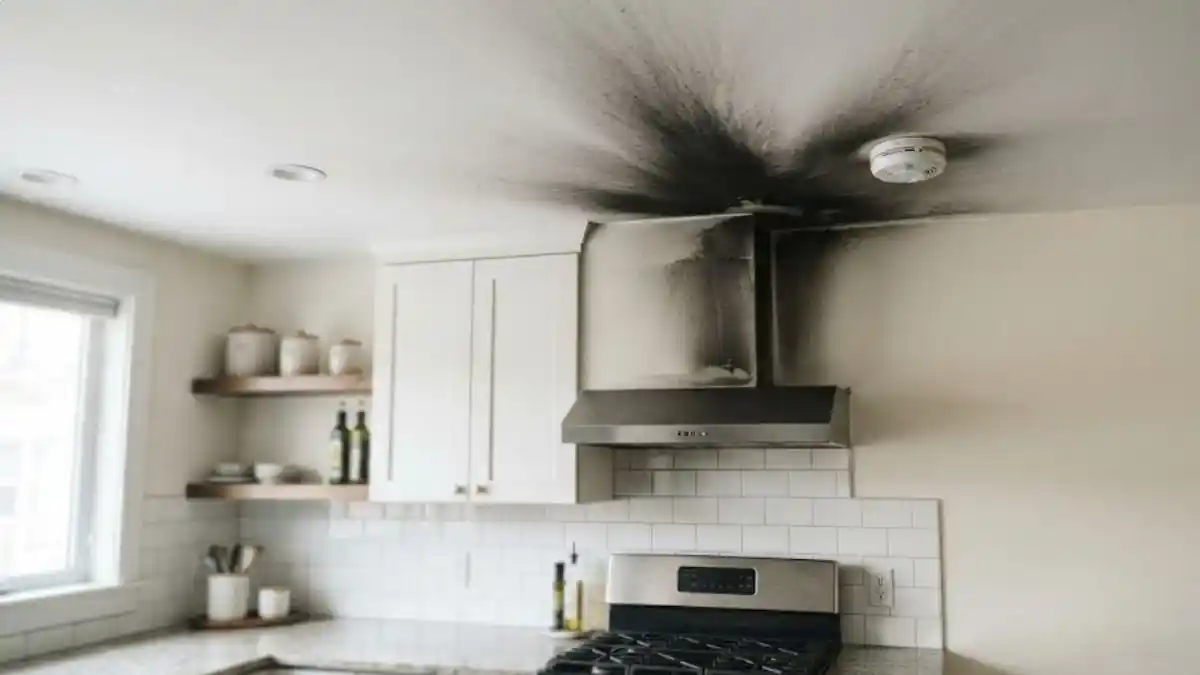 Soot pattern on white kitchen ceiling after small grease fire in Fairfax condo