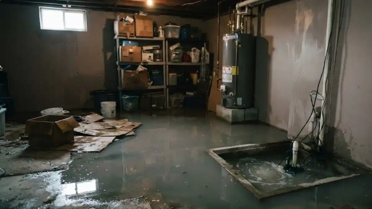 Flooded basement with sump pump visible after storm in Fairfax County VA