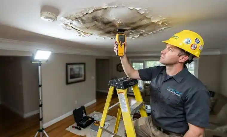 Technician inspecting ceiling water damage below an upstairs condo unit in Fairfax VA